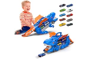 DOLOOWEE Dinosaur Toys for 2 3 4 5 Year Old Boys, 11 in 1 Adjustable Dinosaur Truck Toys for Kids 3-5 Years, with 10 Alloy Toy Cars, Dinosaur Toys for 3 4 5 6 7+ Year Old Boy Girls Toys & Gifts