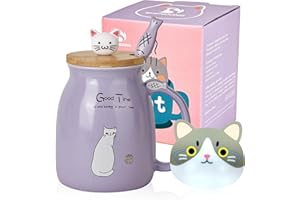 SHENDONG Kubek w kształcie kota, słodka filiżanka do kawy z motywem kota kawaii, drewnianą pokrywką i piękną łyżeczką ze stali nierdzewnej, nowość Poranna filiżanka do kawy, mleka, herbaty, 3D, dla miłośników