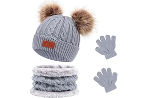 Waylipun Kids Winter Warm Beanie Hat Scarf Gloves Set, 3 in 1 Thicken Fleece Thermal Girls Skull Cap Scarf Mittens Set Super Soft Cap Neck Warm Gloves for 1~5 Years Old Toddler Girls Boys