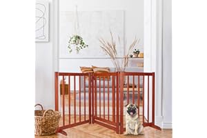 FAIRYCITY Freestanding Wooden Dog Gate with Walk Through Door,Foldable Pet Fence Indoor Wood Barrier with 2PCS Support Feet Dog Barrier Pet Gate for Doorways,Stairs or House