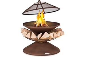 Blumfeldt Brasero BBQ Circulaire Portable Exterieur pour Le Jardin et Terrasse, Couvercle Pare-Etincelles, Bol en Acier, avec Foyer Camping, Brûleur à Bois Résistant aux Intempéries