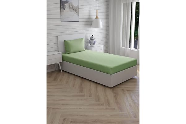 Trance Home Linen Premium 300 Tc Pure 100% Cotton Solid Single Size Fitted Bedsheet with 1 Pillow Cover(78 X 36 Inch,Moss Green All Side Elastic),Small Single