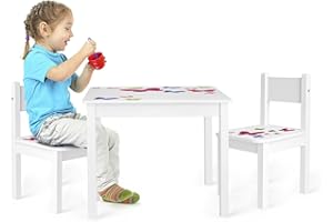 Leomark Yeti Table et 2 chaises Enfant Chambre Bébé Table pour Enfants Meuble Chaise Petit Bureau Dimensions: L 60 x L 60 x H 49 Couleur Blanc avec Motif Papillons