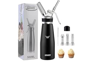 ERWEY Sahnespender 500ML, Sahnesyphon Aluminium, Sahnesprüher Auslaufsicherer Einfach Reinigen mit 3 Tüllen und 1 Reinigungsbürsten, Schlagsahne Spender für Küche Party Desserts, Schwarz
