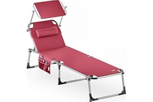 CASARIA® Tumbona Playa Plegable 180Kg Silla Jardín Reclinable Exterior Toldo Reposacabeza 210x61cm Bolsillo Piscina Camping Terraza Rojo