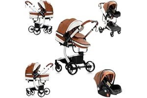 Sianldcone PU-Leder Kinderwagen 3 in 1, Hochwertige Stoffe Kinderwagen Set, Zwei-Wege-Schiebefunktion Reisesysteme, Offene Sicht Kombikinderwagen 3 in 1 Komplettset (518 Khaki)
