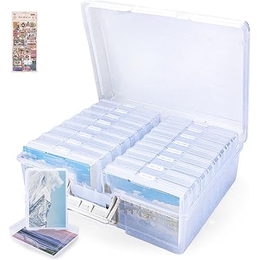 Clear Craft Storage Box with 6 Tabs for Holiday, Birthday, Photos, Crafts, Scrapbook, Paper, Stickers, Envelopes and More, Plastic Box with Card Box, Stamps, Storage with