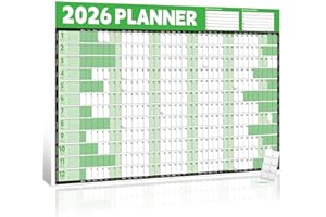 PRINTARA 2026 Wall Planner Calendar A1 (84.1x59.4cm) – Large Laminated Year Planner with Stickers, for Office Home School Academic & Business Planning, Green/White, Weekend Highlight