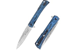 YOUSUNLONG Coltello pieghevole da campeggio - Lama in acciaio damasco martellato - Rivestimento in G10 con struttura in damasco blu