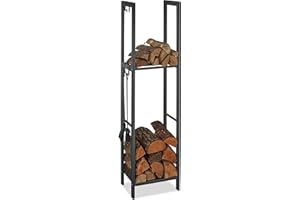 Relaxdays Scaffale Porta-Legna con 2 Ripiani, 150 x 40 x 30 cm, 4 Ganci per gli Accessori da Camino, Acciaio, Antracite