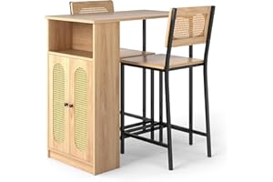 COSTWAY 3 Piece Bar Table Set, Dining Table and 2 Bar Stools Set with Storage Shelves, Backrests & Footrest, Breakfast Counter Height Kitchen Table Furniture for Home Dining Room