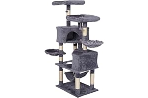 Wiltec Kratzbaum Hellgrau mit Pfotenmotiv 145 cm, Katzenkratzbaum mit Plattformen und Katzenhäuser, Katzenbaum mit Hängematte, Kletterbaum für Katzen