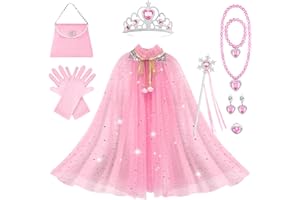 AOOWU Peleryna księżniczki dla dziewczynek, peleryna księżniczki Elsy, z koroną, różdżką, biżuterią, rękawiczkami, fantazyjne przebranie, błyszcząca, cekinowa, tiulowa peleryna księżniczki, zestaw na