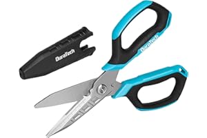 DURATECH Nożyce wielofunkcyjne 4 w 1, nożyce do dużych obciążeń, nożyczki ze stali nierdzewnej z zakrzywionym i ząbkowanym ostrzem, z przecinakiem do drutu, otwieraczem do kartonów i nasadką ochronną