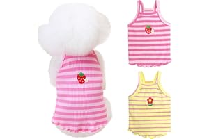 Yaopelky 2 vestiti estivi per cani di taglia piccola e media, camicia a righe con grazioso fiore e fragola, gilet per animali domestici, per chihuahua, Yorkie, orsacchiotto (rosa-giallo, S)
