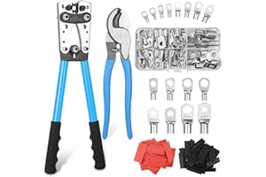 JUTYUM Pince à sertir,Grande pince à sertir de câbles de batterie 10-1/0 AWG 6/10/16/25/35/50 mm² avec 8 tailles 60 PCS cosses à anneau en cuivre et pince coupante + 60 PCS gaine thermorétractable