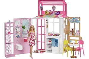 Barbie - Casa di Barbie, Playset con Bambola Barbie e Casa a 2 Piani con 4 Aree Gioco, Arredata, con Cagnolino e Accessori, Giocattolo per Bambini 3+ Anni, HCD48