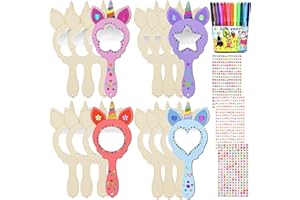 CAPGOOST 12 piezas de unicornio para manualidades, espejo de unicornio, manualidades, cumpleaños infantiles, espejo de madera para pintar niños, mini pinchos de princesa de madera, juego de manualidades para