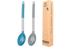 BUNDLEPRO Pack of 2 Large Silicone Slotted Spoon,Kitchen Skimmer with High Heat Resistant, BPA Free Non Stick Cooking Ladle Strainer for Draining & Frying (Gray-Blue)