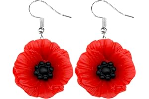 The Funky Barcode POPPY DAY 22mm Large Flower Dangle Earrings Red Plant Remebrance Peace Military War Loss Memory