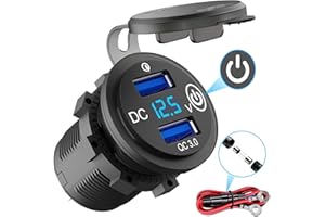 Quick Charge 3.0 Presa USB Carica per Auto con Interruttore: Qidoe Presa USB da 12 volt Impermeabile Adattatore Accendisigari con Display Voltmetro a LED Blu per Moto, Barca, Camion, Caravan