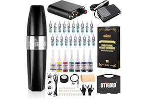 Stigma Tattoo Pen Machine Kit Rotary Set completo con 20 pezzi di cartucce aghi Alimentatore Inchiostro per tatuaggi con scatola di plastica per principianti e tatuatori, Nero