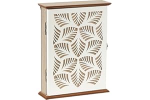 Optyuwah Drewniana skrzynka na klucze, z geometrycznym obrazem pustych przestrzeni, szafka na klucze, 6 haczyków na klucze, organizer ścienny do wejścia, korytarza, biura, rozmiar L, biała