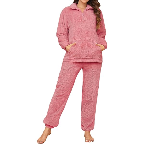 Tuopuda Damespyjama, lang, winterset, thermo fleece huispak, knus met sjaal, warme nachtkleding, tweedelig, pluizig, winterbovendelen met lange mouwen en pyjamabroeken, roze, L