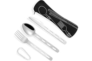 Fuyamp 3Pcs Camping Cutlery Set with Portable Pouch Case, Stainless Steel Flatware Camping Utensils Set for Knife, Fork and Spoon Set with Carabiner for Travel Hiking Picnic Office School