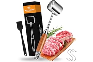 TAVADA Tłuczek do mięsa, ze stali nierdzewnej 304, z antypoślizgowym drewnianym uchwytem, młotek do steków z 2 haczykami, 1 pędzel olejowy, idealny do steków, kurczaków, wieprzowiny