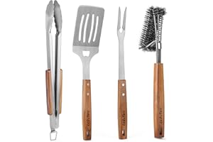 onlyfire 4 Pcs Kit de Utensilios para Barbacoas, Espátula para Plancha Perforada, Pinzas de Cocina, Tenedor y Cepillo para Barbacoa, Utensilios Profesionales para Asar y Cocinar Al Aire Libre