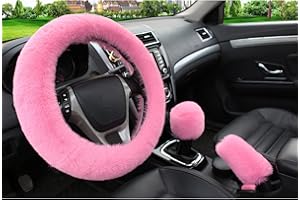 DUORIES Uniwersalny pokrowiec na kierownicę samochodową, antypoślizgowy, z futrem, ciepły, pluszowy, ochraniacz na kierownicę, akcesoria samochodowe, hamulec ręczny, zestaw 36-39 cm, różowy