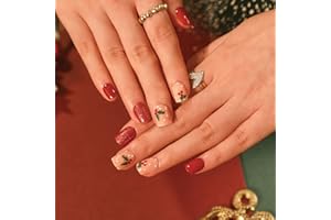 Ceboic 24 sztuki świątecznych paznokci do naklejania, krótkie, prostokątne, czerwone, błyszczące, do naklejania, baleriny, francuskie sztuczne paznokcie, wzór liści bożonarodzeniowych, sztuczne