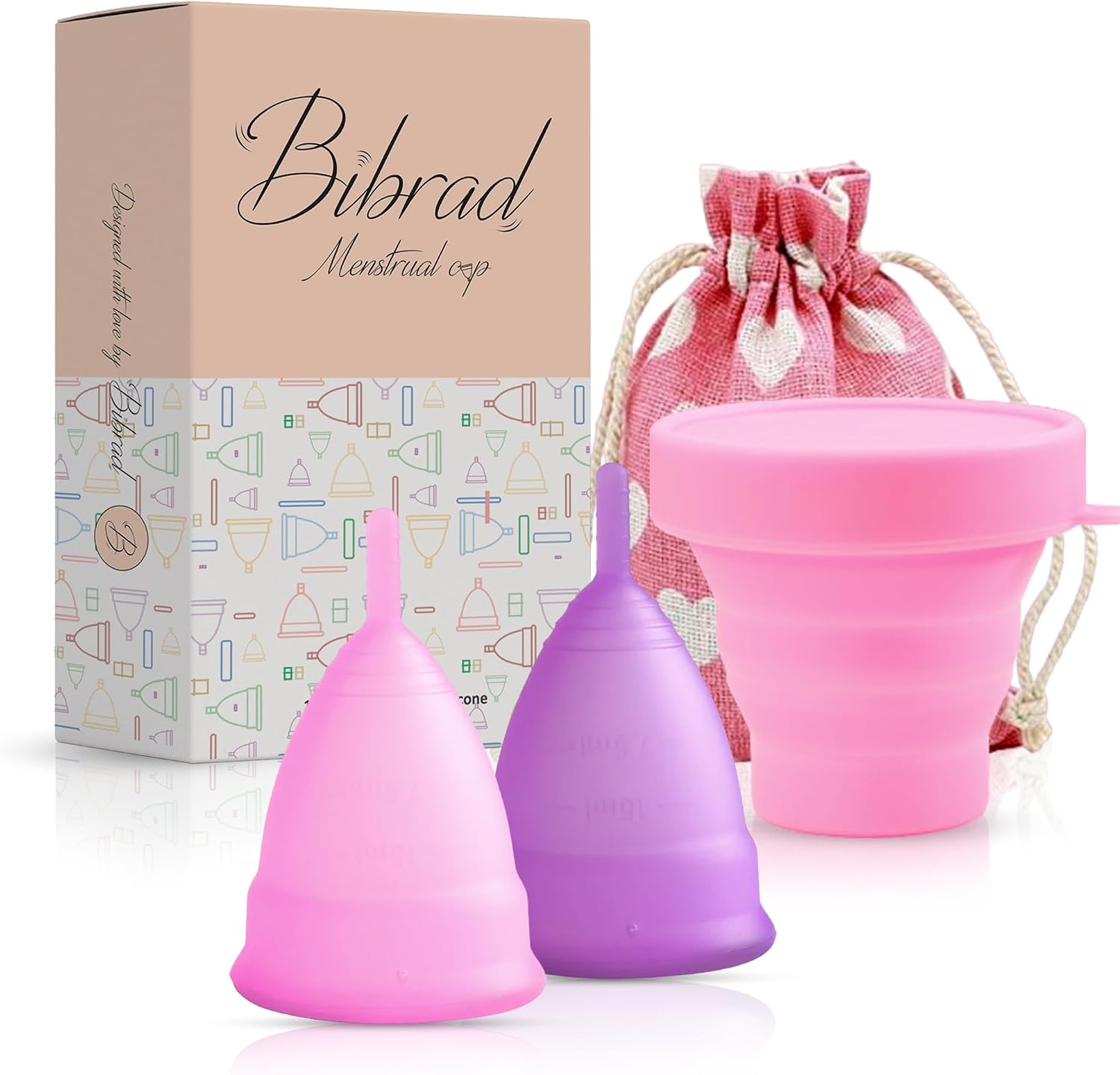 Bibrad Copa Menstrual - 2 Copas Menstruales Tallas M y L, Vaso Esterilizador y Bolsa de Transporte de Algodón - 100% Suave Silicona de Grado Medico Lavable y Reutilizable (M-L)