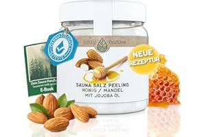 ‎COZYNATURE CozyNature® Sauna Salz Peeling Honig Mandel 500 g | Für die Sauna, Dusche und Dampfbad | Meersalz Jojobaöl Vitamin E Body Scrub | Honig-Mandel, 500 Gramm | inkl. Gratis Sauna E-Book