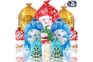NMKL Large Christmas Bags 30pcs Christmas Wrapping Bag 7 Designs&6 Size Xmas Drawstring Gift Bags for Presents for Party Decoration