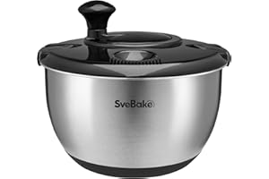 SveBake Centrifugador de Ensalada de Acero Inoxidable 18/10 con Accionamiento Manivela y Ensaladera, 4,5L Escurridor Ensalada, Apto para Lavavajillas, Negro