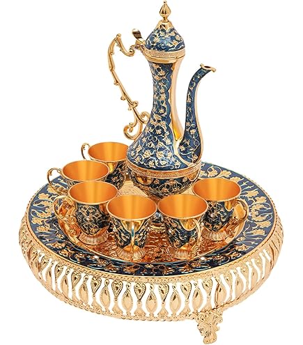 Turkish Tea Set For 6 Vintage European Coffee Pot Set Includes Teapot Tray & 6 Mini Tea Cups Greek Arabic Espresso Cups Sets Wedding Party Gift,Blue