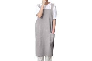 Pincy Cotton Linen Apron for Women - No-ties Cross Back Apron with Pocktes, Great for Florist, Coffee House and Kitchen
