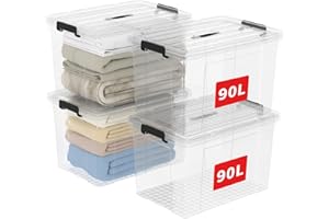 Cetomo 90L*4 Caja de Almacenamiento con Asa, Caja de Plástico con Tapa y Cierre Seguro, Contenedor de Almacenamiento Grande, Duradera, Apilable, Resistentes, Transparente, Paquete de 4 de 90L
