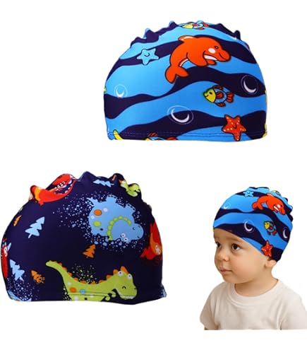 2 Pcs Bonnet Bain Enfants, Bonnets De Bain Mignons Enfants Bonnet Piscine Enfant Bonnet De Natation Dessin Animé Bonnet De Bain En Polyester Élastique Bonnet De Bain Pour Garçons Filles De 1