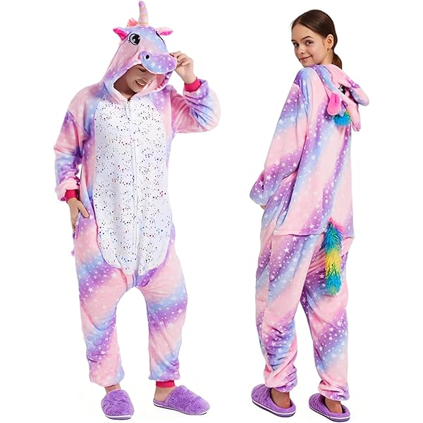Kauson Unisex Einhorn Pyjamas Onesie Karton Animal Cosplay Fasching Kostüm Warm Gefüttert Body Overall Tier Nachtwäsche Kigurumi Karneval Halloween Weihnachten Xmas Pyjamas Sleepwear