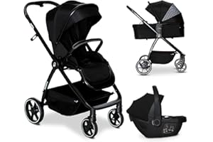 Asalvo RODAS Trío Convertible, 3 en 1, Silla de Paseo, Carrito de bebé, Silla de Auto, Confortable, Segura, Capota extensible, Suspensión en las Ruedas, Freno trasero, Carga Máxima 23 kg, Negro