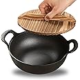 HomeEssentials Cast Iron Kadai with Lid 20cm | Pre Seasoned Iron Wok with 2 Handles and Flat Base | Iron Wok for Cooking | Uncoated Wok for Electric Induction (with Wooden Lid)