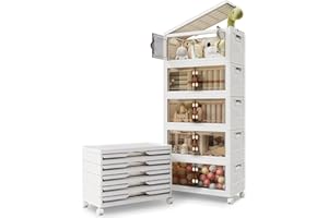 Warmiehomy Storage Box with Lid, 69L*5-Tier Flodable Plastic Storage Bins with Wheel, Stackable Boxes, Space-Saving Storage Organiser for Bedroom, Living Room, Office