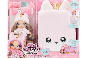 Na! Na! Na! Surprise 3-in-1 Backpack Bedroom Einhorn Spielset mit Modepuppe Britney Sparkles und flauschigem Pink Unicorn-Rucksack, Schrank mit Kissen & Decke - Ideal für Kinder ab 3 Jahren