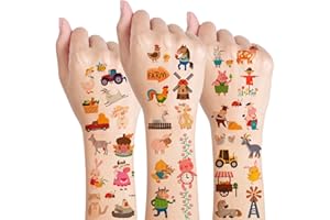 Qpout 10 fogli Tatuaggi per feste in fattoria, 66 pezzi Tatuaggi temporanei a tema animale da fattoria per bambini Decorazioni di compleanno Bomboniere per feste in fattoria Forniture