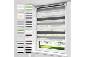 Buseu Store Enrouleur Jour Nuit sans Perçage, 50l x 130L cm (Largeur du Tissu 46) Blanc-Gris-Anthracite, Translucide, Respirant, Tissu Double, Protection Vie Privée, pour Fenêtres et Portes