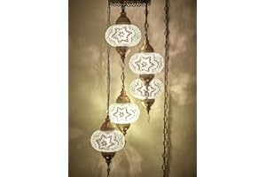 DEMMEX Lámpara de araña de mosaico turco marroquí, lámpara colgante de techo, luz de enchufe con cable de 4,5 metros, cadena y enchufe, no requiere cableado, 5 pantallas grandes, cuelga 110 cm