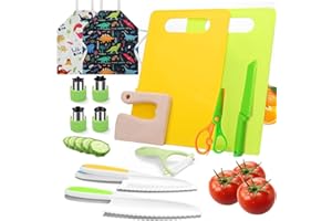 SMILE KID BIG HAPPY 15 Pieces Kitchen Knife Set-Kids Montessori Kitchen Set Cooking Sets Real-Toddler Safe with 2 Dinosaur Aprons Plastic Toddler Safe Knife Crinkle Cutter Kids Cutting Board Birthday Gift 3-8 Year Old